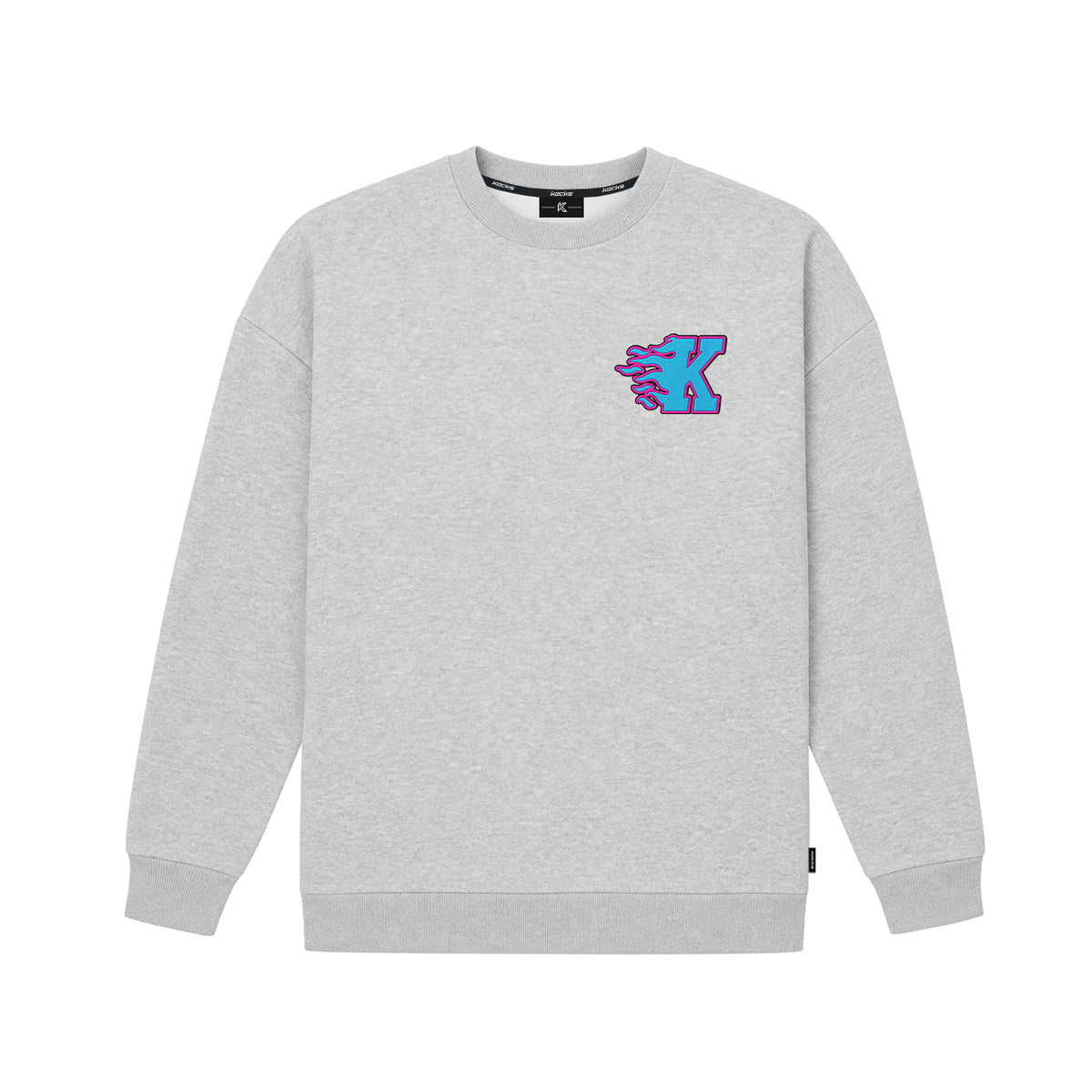 Kecks K Flame crew neck sweatshirt in grey with blue and purple flame K logo on the left chest, front view