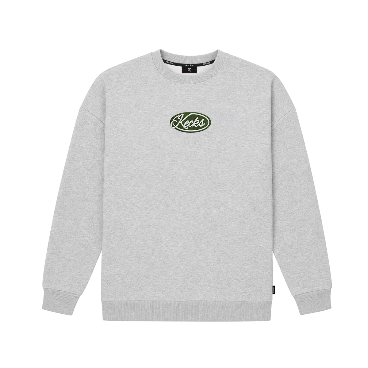 Kecks K Emblem crew neck sweatshirt in grey with green Kecks script emblem on the chest, front view