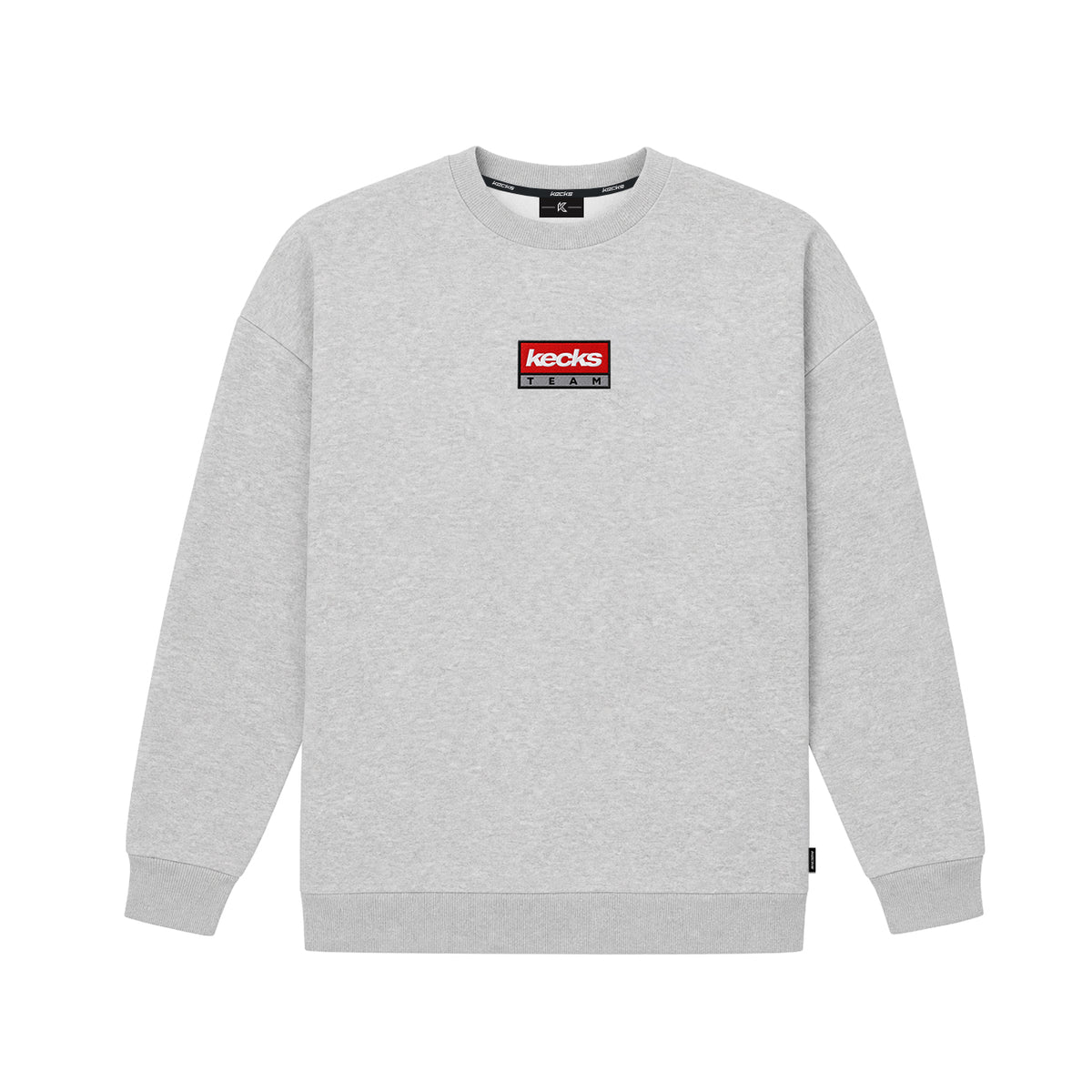 Kecks Team crew neck sweatshirt in grey with red Kecks Team box logo on the chest, front view