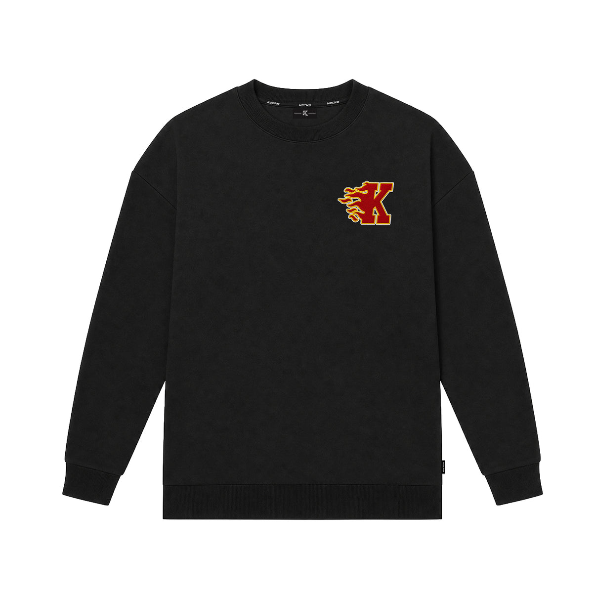 Kecks K Flame crew neck sweatshirt in black with red and yellow flame K logo on the left chest, front view