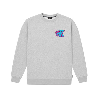 Kecks K Flame crew neck sweatshirt in grey with blue and purple flame K logo on the left chest, front view