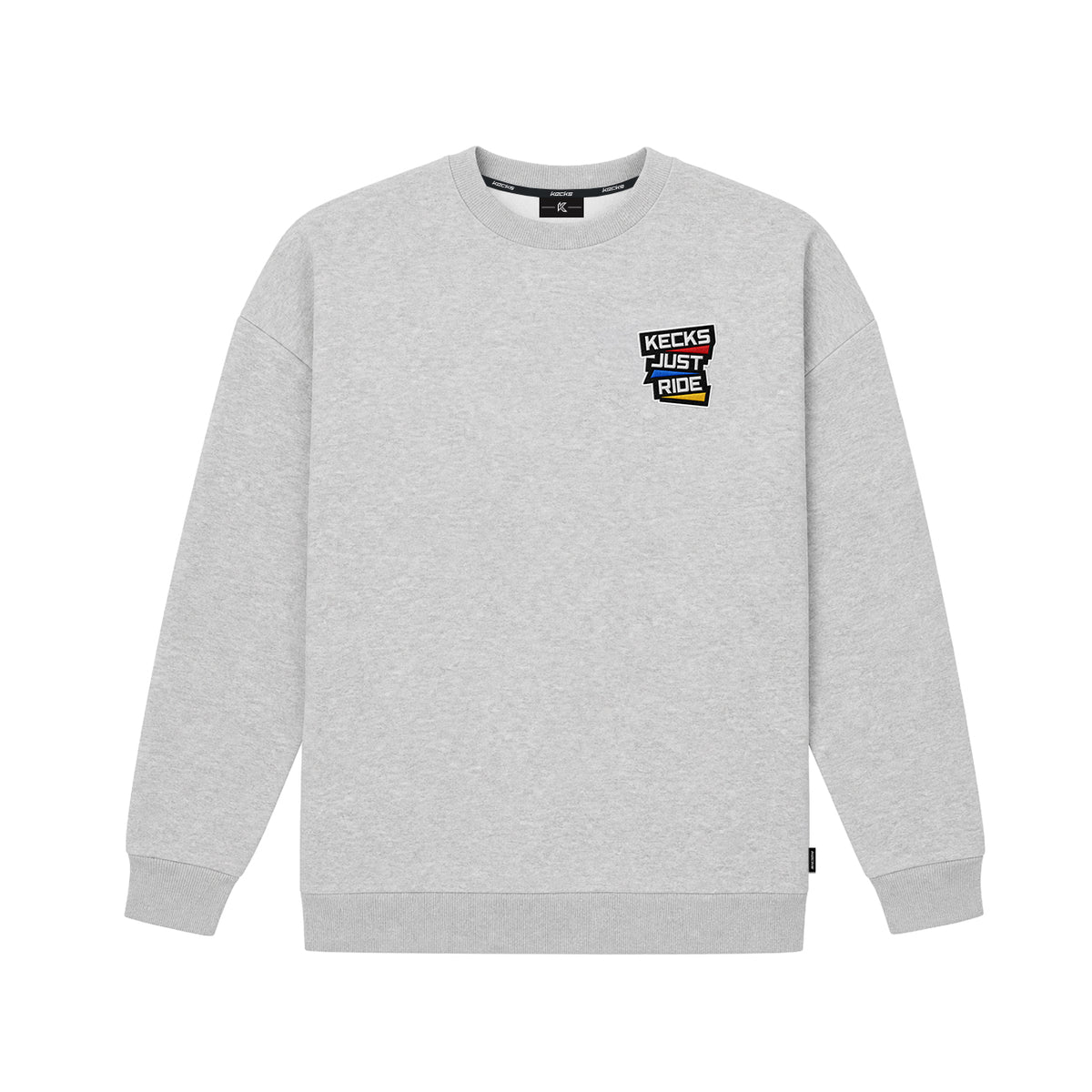 Kecks Just Ride crew neck sweatshirt in grey with Just Ride badge on the left chest, front view