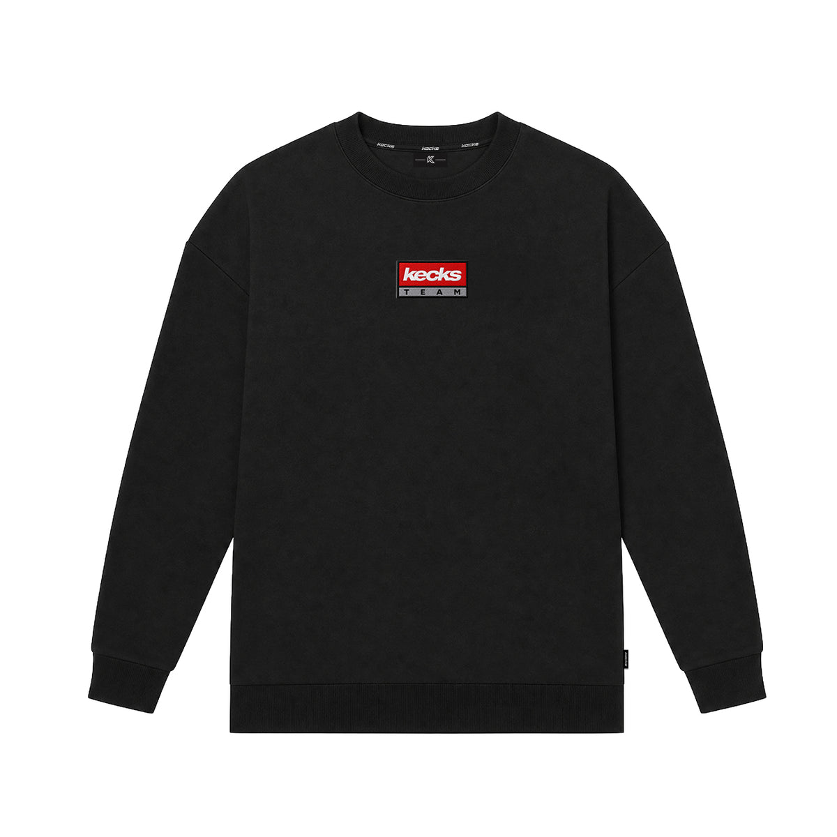 Kecks Team crew neck sweatshirt in black with red Kecks Team box logo on the chest, front view