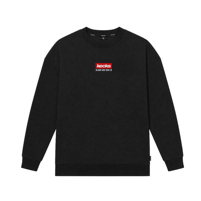 Kecks Team crew neck sweatshirt in black with red Kecks Team box logo on the chest, front view