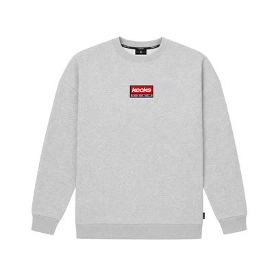 Kecks Team crew neck sweatshirt in grey with red Kecks Team box logo on the chest, front view