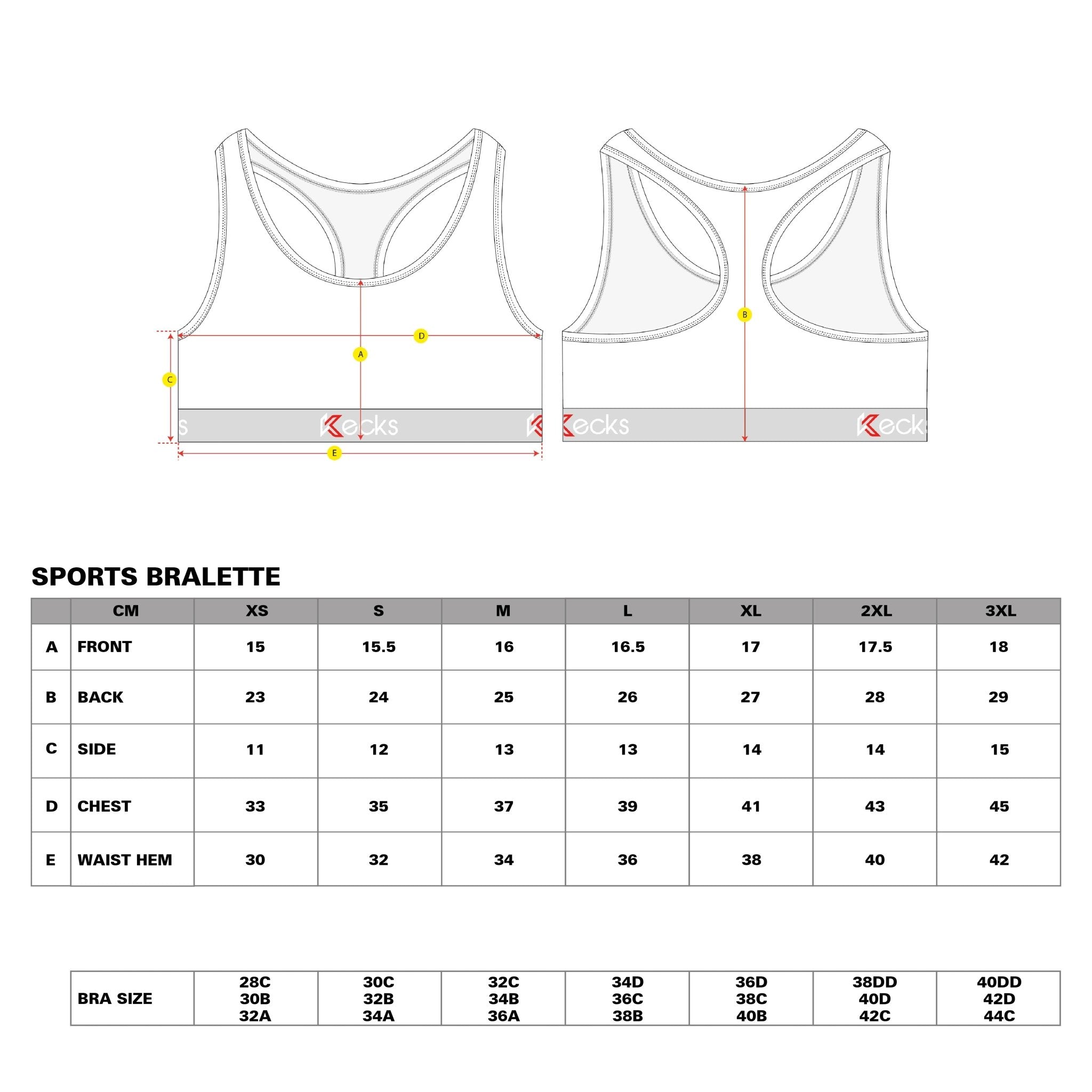 Size Chart Sports Bralette - Kecks